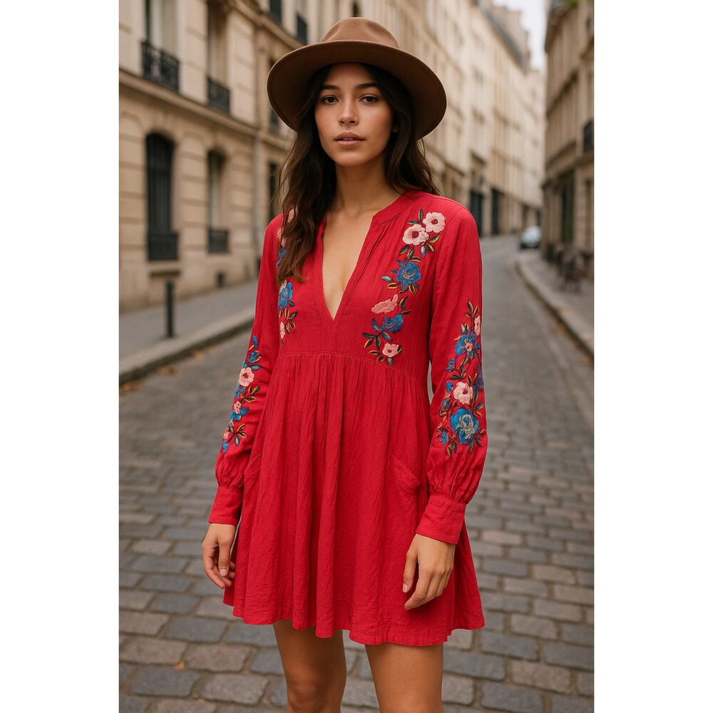 Free People Boho Embroidered Floral Mini Dress Pink Rayon Crinkle Tunic Size S